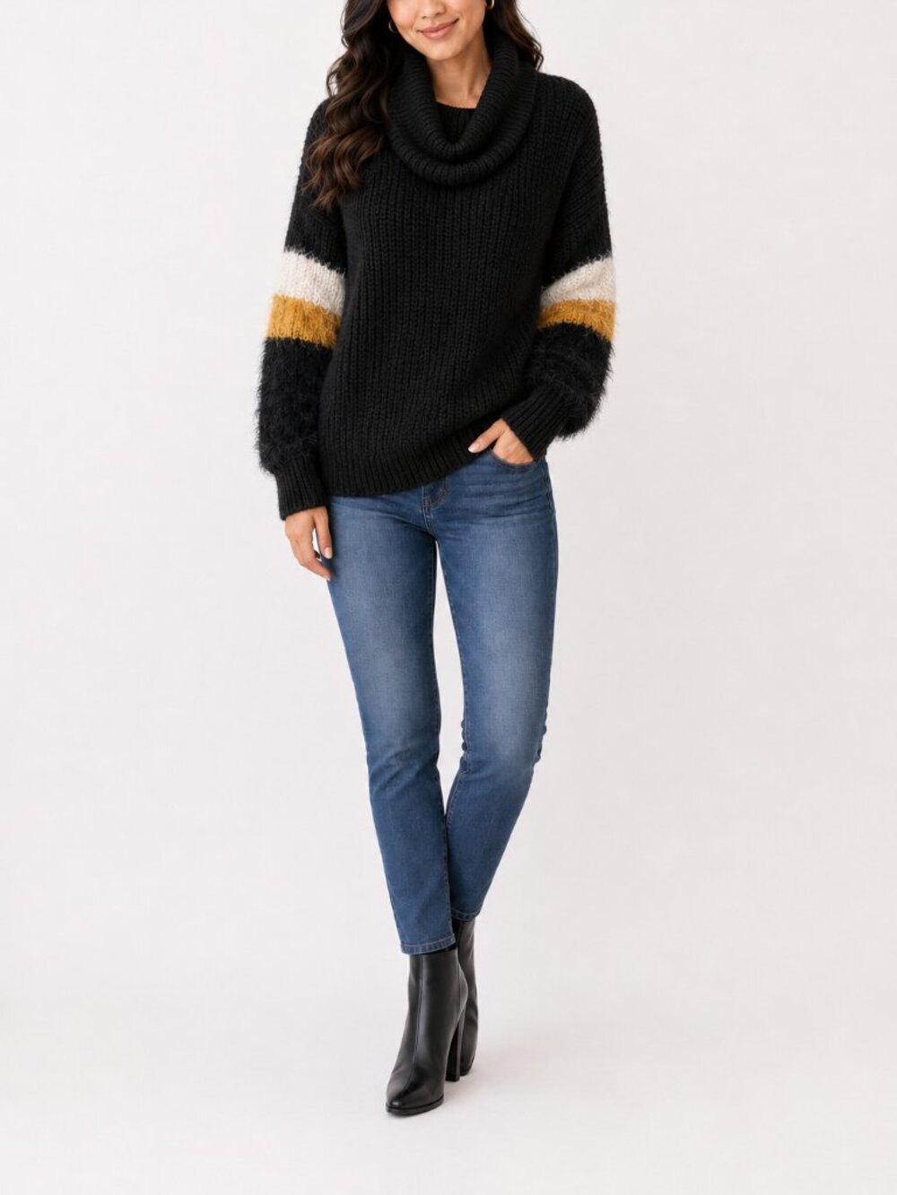 Sweet Rain Black Cowl Neck Sweater with White and Mustard Sleeve Stripes